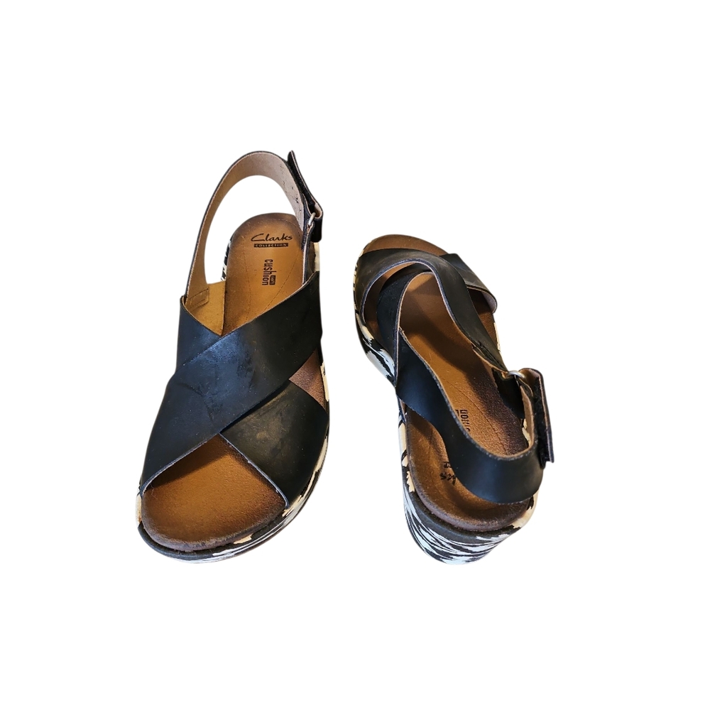 Clarks Black/White Print Wedge Sandals - Picture 3 of 6